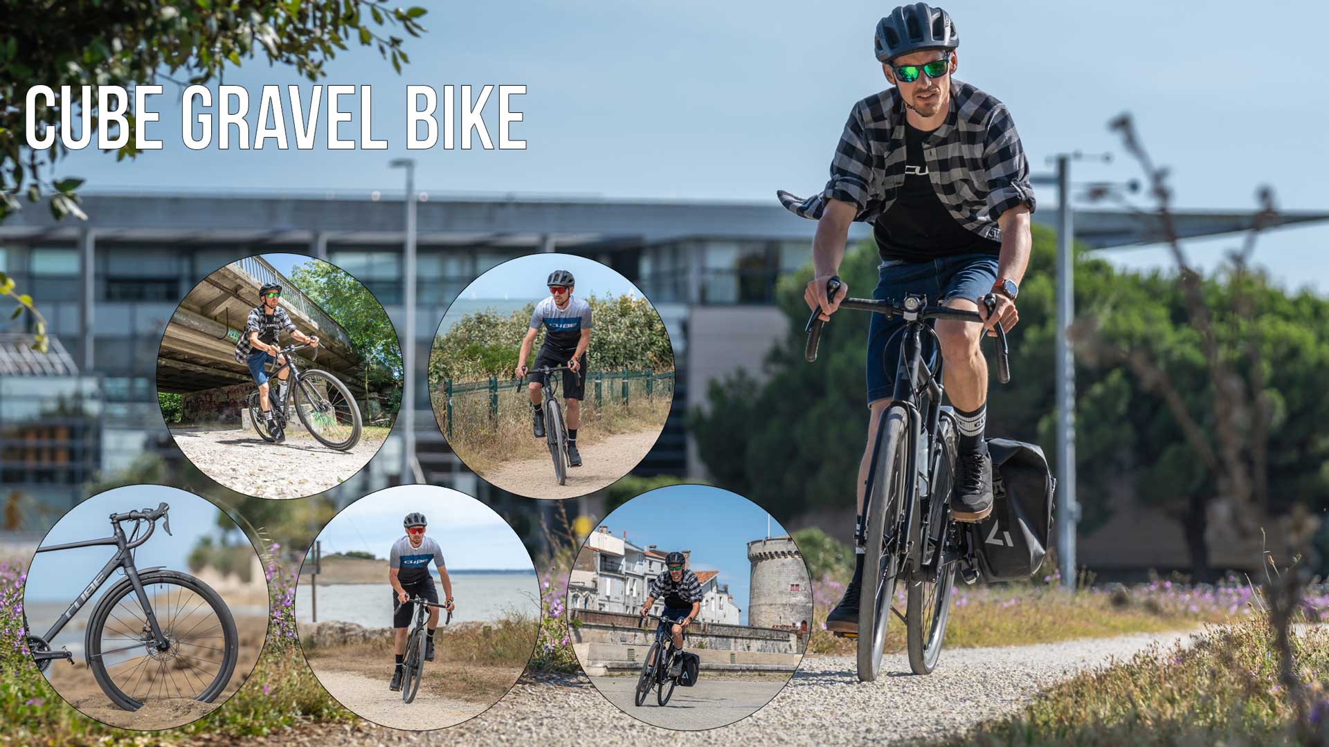 Näet kuvakollaasin, jossa on merkintä Cube Gravel Bike. Siinä on useita kuvia pyöräilijöistä sorapyörällä.