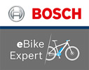 Kuvassa näkyy kaksiosainen logo. Yläosassa on Boschin logo, alaosassa eBike Expert -logo.