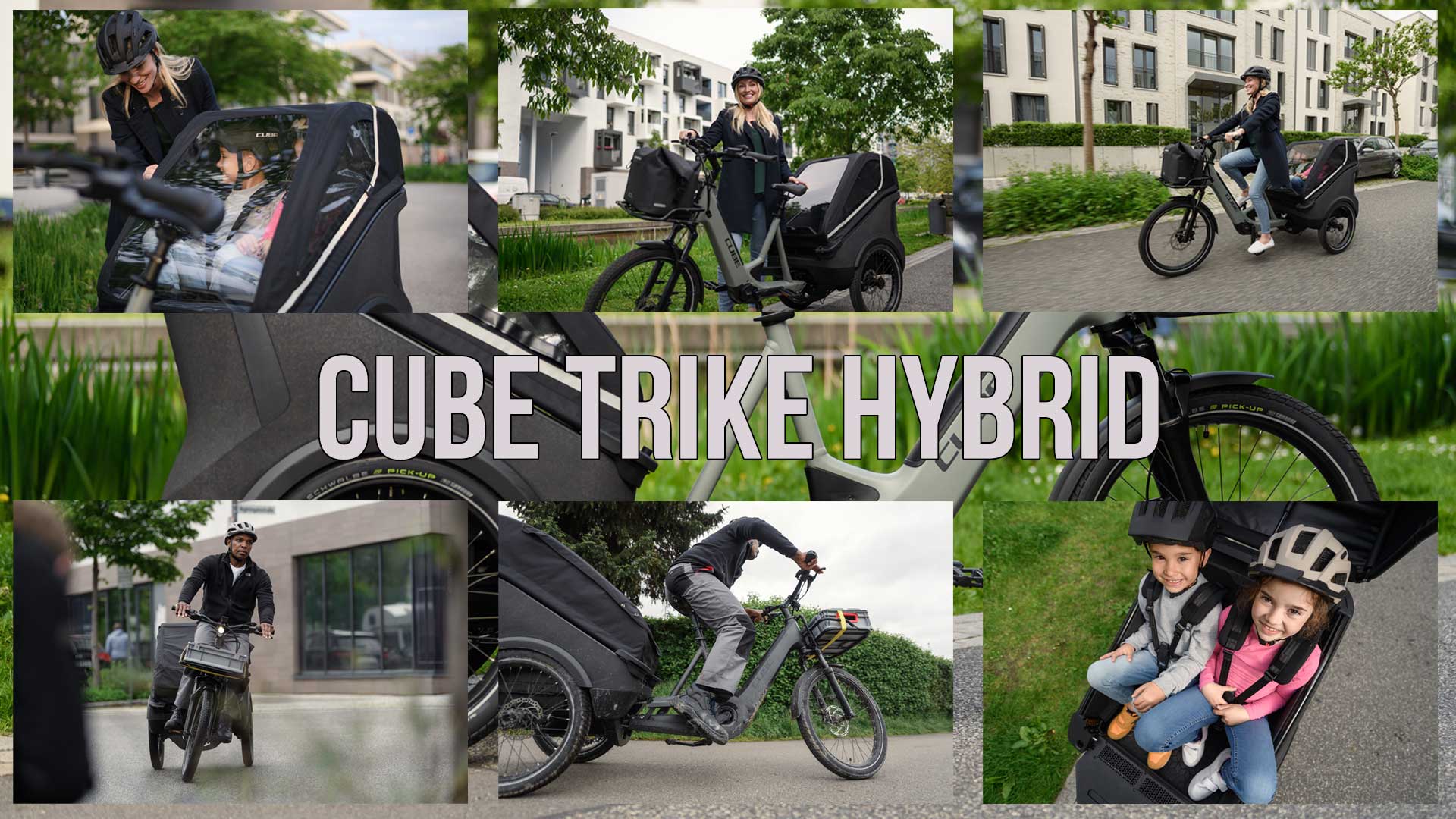 Voit nähdä kuvakollaasin otsikolla Cube Trike Hybrid, jossa näkyy Cube Trike -lastipyörä eri käyttöalueilla.
