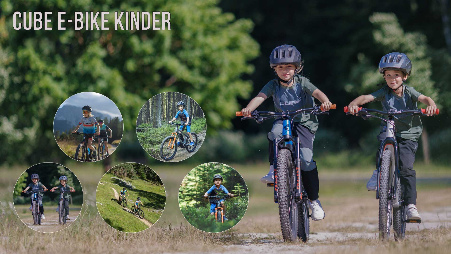 Näet kuvakollaasin otsikolla Cube E-Bike Children. Siinä on useita kuvia pyöräilevistä lapsista erilaisissa maisemissa.