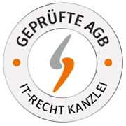 Kuvassa näkyy IT-Recht-Kanzlein pyöreä logo keltaisella ja valkoisella värillä, tekstillä AUDITED.