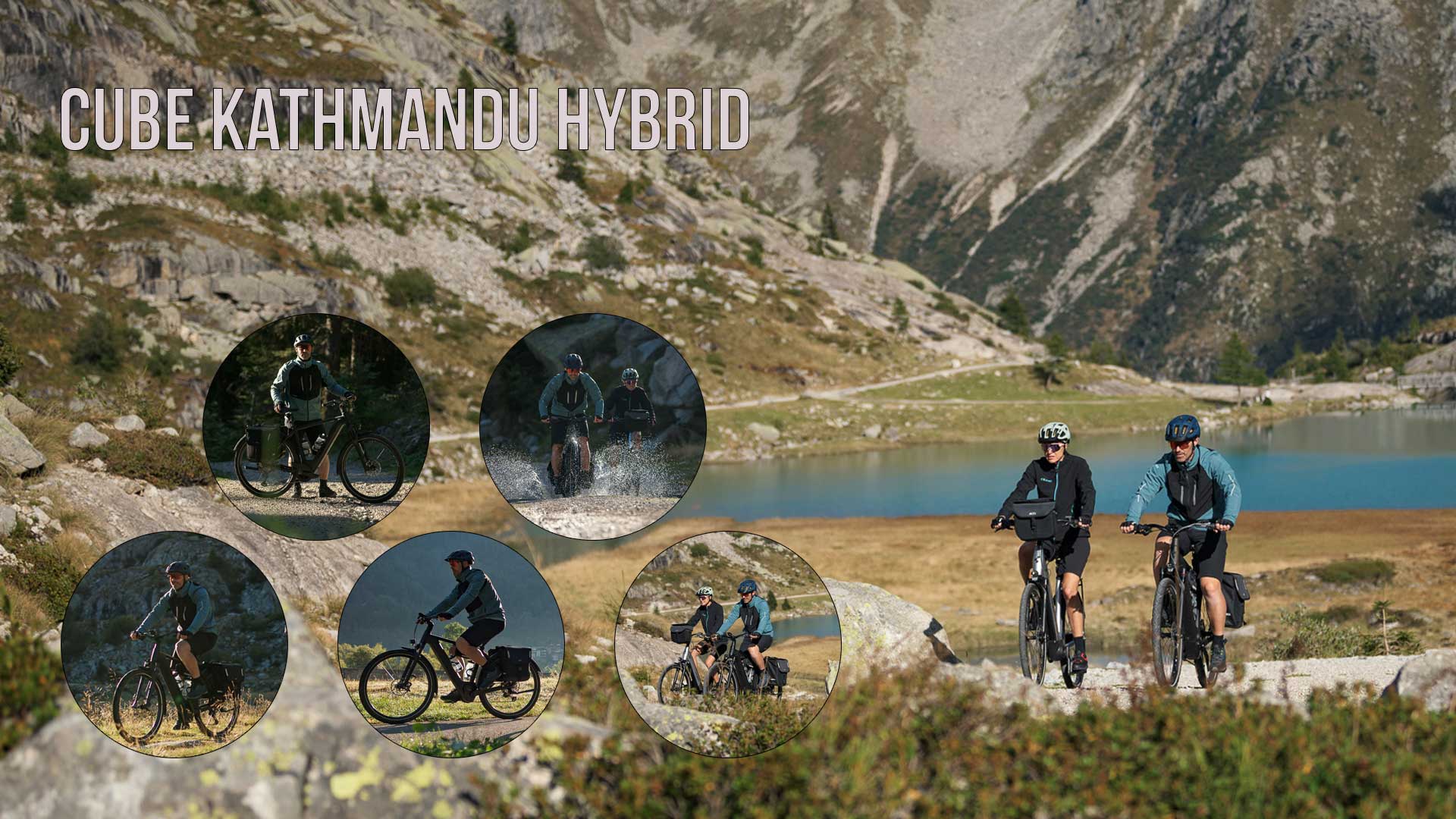 Näet kuvakollaasin otsikolla Cube Kathmandu Hybrid, jossa on useita kuvia pyöräilijöistä Cube Kathmandu Hybridin kanssa vuoristomaisemissa.