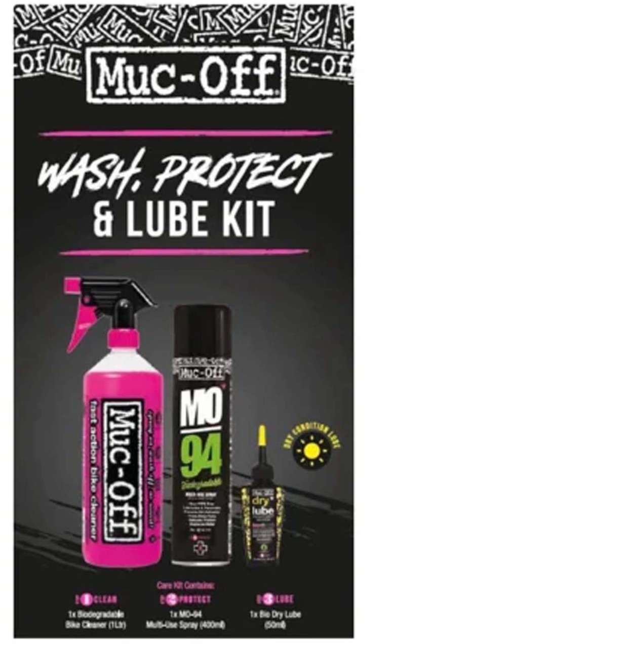 Muc-Off Wash, Protect, Lube Kit (kuivavoiteluversio) musta nro